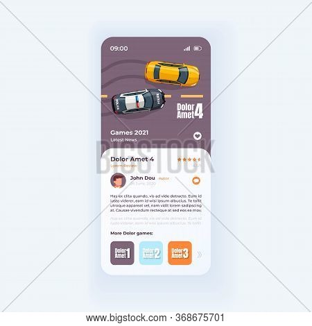 Racing Game Review Smartphone Interface Vector Template. Gaming Mobile App Page Light Design Layout.