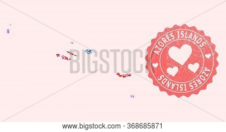 Vector Collage Of Love Smile Map Of Azores Islands And Red Grunge Stamp With Heart. Map Of Azores Is