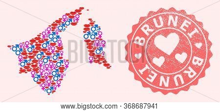 Vector Collage Of Love Smile Map Of Brunei And Red Grunge Seal With Heart. Map Of Brunei Collage For