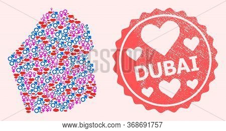 Vector Collage Of Love Smile Map Of Dubai Emirate And Red Grunge Seal Stamp With Heart. Map Of Dubai
