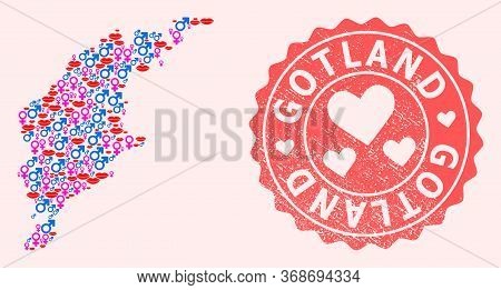 Vector Collage Of Sexy Smile Map Of Gotland Island And Red Grunge Stamp With Heart. Map Of Gotland I
