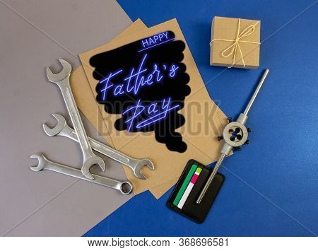 Trend Greeting Card, Online Banner On Father's Day With A Blue Neon Sign