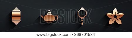 Set Chinese Paper Lantern, Chinese Tea Ceremony, Chinese Paper Lantern And Lotus Flower Icon With Lo
