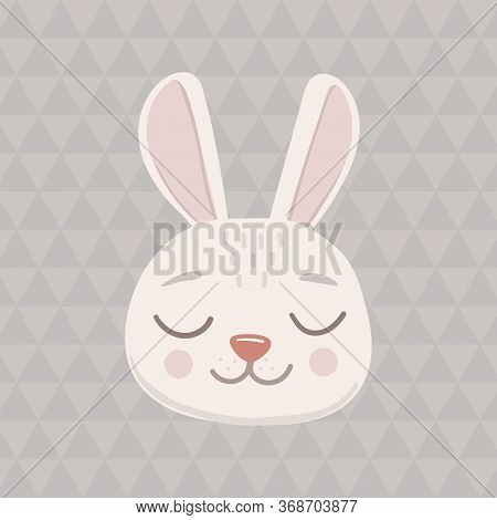 Grey Bunny Head With Closed Eyes. Cute Cartoon Funny Character. Pet Baby Print Collection. Scandinav