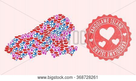 Vector Collage Of Sexy Smile Map Of Kahoolawe Island And Red Grunge Seal With Heart. Map Of Kahoolaw