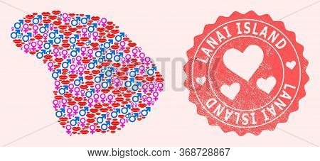 Vector Composition Of Love Smile Map Of Lanai Island And Red Grunge Seal Stamp With Heart. Map Of La