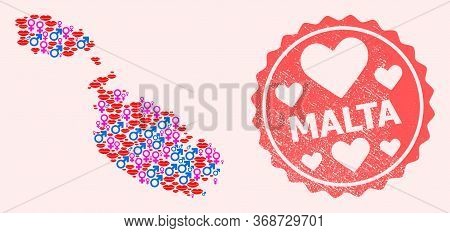 Vector Collage Of Love Smile Map Of Malta And Red Grunge Stamp With Heart. Map Of Malta Collage Desi