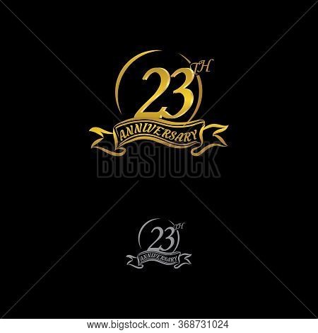 Celebrating The 23th Anniversary Logo, With Gold Rings And Gradation Ribbons Isolated On A Black Bac