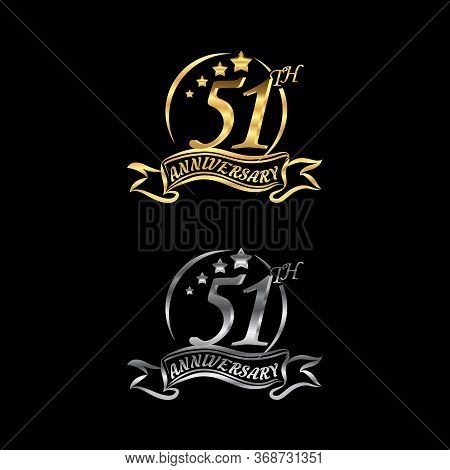 Celebrating The 51th Anniversary Logo,star Shape, With Gold And Silver Rings And Gradation Ribbons I