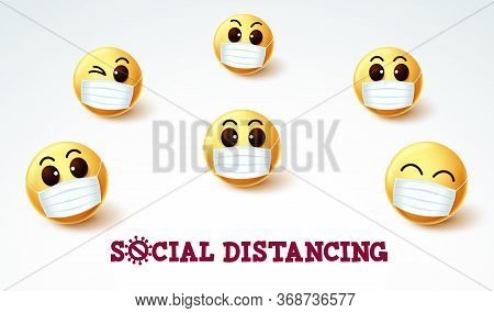 Emoji Social Distancing Vector Sign. Social Distancing Emoji Emoticon Wearing Face Mask For Covid-19