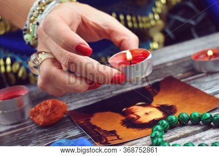 Moscow. Russia. March 2020. Spiritualistic Seance. The Evocation Of Spirit. The Ghost Of A Famous Pe