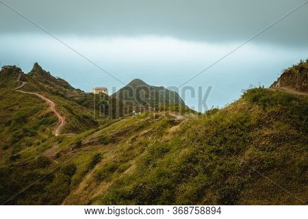Mountain Range Of Ribeira De Janela On Santo Antao Cape Verde. Hiking Trail Path Leading Down To Atl
