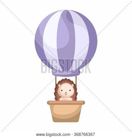 Cute Baby Hedgehog In The Hot Air Balloon. Graphic Element For Childrens Book, Album, Scrapbook, Pos