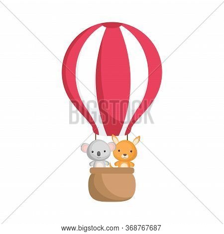 Cute Baby Koala And Kangaro In Hot Air Balloon. Graphic Element For Childrens Book, Album, Scrapbook
