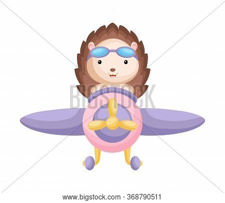 Cute Hedgehog Pilot Wearing Aviator Goggles Flying An Airplane. Graphic Element For Childrens Book, 