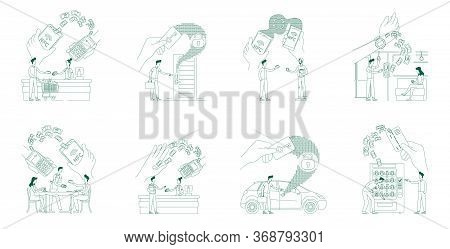 Contactless Payments And Secure Systems Thin Line Concept Vector Illustrations Set. People With Smar