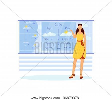 Weather Forecast Flat Color Vector Faceless Character. Elegant Woman Near Display With Daily Tempera