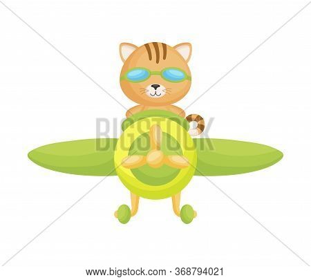 Cute Cat Pilot Wearing Aviator Goggles Flying An Airplane. Graphic Element For Childrens Book, Album