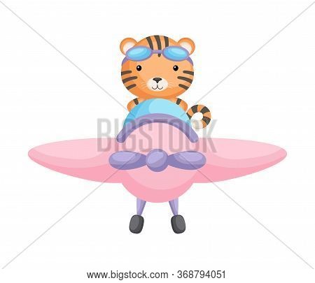 Cute Tiger Pilot Wearing Aviator Goggles Flying An Airplane. Graphic Element For Childrens Book, Alb