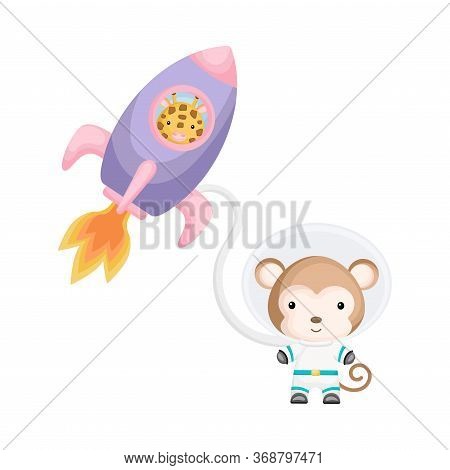 Cute Giraffe And Monkey Astronauts Flying In Rocket And Open Space. Graphic Element For Childrens Bo