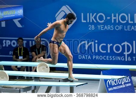 Kyiv, Ukraine - August 7, 2019: Giovanni Tocci Of Italy Performs During Mens 1m Springboard Final Of