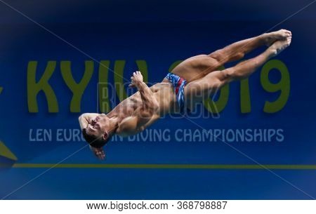 Kyiv, Ukraine - August 7, 2019: Jordan Houlden Of Great Britain Performs During Mens 1m Springboard 