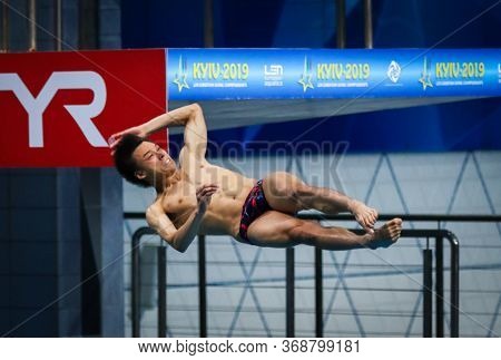 Kyiv, Ukraine - August 9, 2019: Jonathan Suckow Of Switzerland Performs During Mens 3m Springboard F