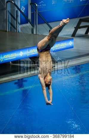 Kyiv, Ukraine - August 9, 2019: Jonathan Suckow Of Switzerland Performs During Mens 3m Springboard F