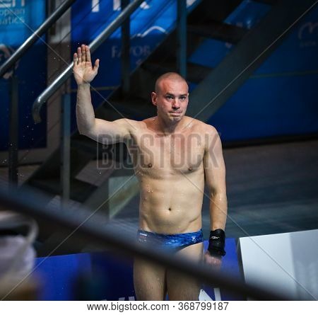 Kyiv, Ukraine - August 9, 2019: Evgeny Kuznetsov Of Russia Celebrates The Golden Medal In Mens 3m Sp