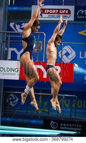 Kyiv, Ukraine - August 6, 2019: Elena Bertocchi And Maicol Verzotto Of Italy Perform During Mixed 3m