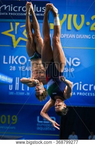 Kyiv, Ukraine - August 6, 2019: Elena Bertocchi And Maicol Verzotto Of Italy Perform During Mixed 3m