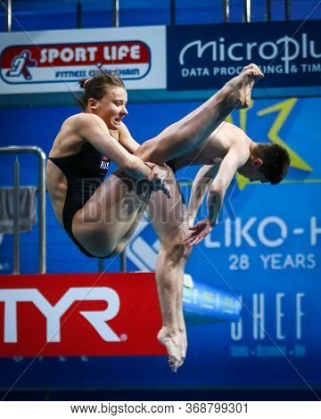 Kyiv, Ukraine - August 6, 2019: Uliana Kliueva And Ruslan Ternovoi Of Russia Perform During Mixed 3m