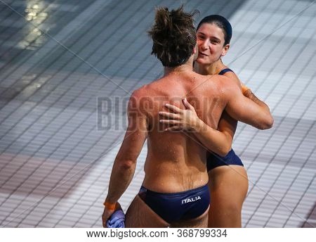 Kyiv, Ukraine - August 6, 2019: Elena Bertocchi And Maicol Verzotto Of Italy React On Their Jump Dur