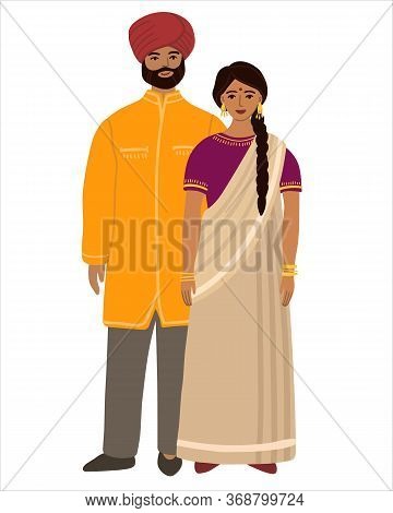 Indians Flat Husband And Wife Family. Couple Hindus Standing Together And Cuddling. Indians Man And 