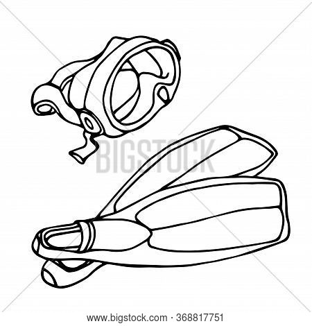 Simple Diving Equipment Set, Mask & Rubber Fins For Underwater Swimming, Vector Illustration With Bl