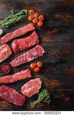 Set Of Flap Flank Steak, Machete Steak Or Skirt Cut, Top Blade Or Flat Iron Beef And Tri Tip, Triang