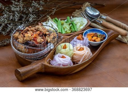 Rice Noodles With Spicy Pork Sauce Or Nam Ngiao Rice Noodle (traditional Northern Thai Cuisine). Nam