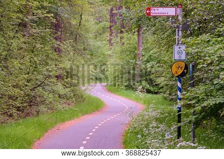 Borger, The Netherlands, May 22, 2020:dutch Bicycle Path In Forest, With Signage. Tt Route