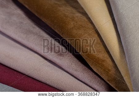 Brown, Beige And Grey Colors Velour Textile Samples. Fabric Texture Background