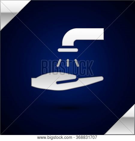 Silver Washing Hands With Soap Icon Isolated On Dark Blue Background. Washing Hands With Soap To Pre