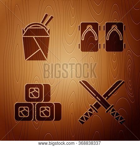 Set Traditional Japanese Katana, Asian Noodles In Paper Box And Chopsticks, Sushi And Geta Tradition