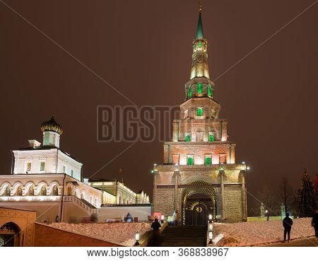 Kazan, Russia - January 4 2020: Suyumbike Tower In New Year's Eve - Sentinel (watch) Tower In The Ka