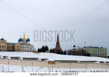 Kazan, Russia - January 5 2020: Annunciation Cathedral And The Suyumbike Tower - Sentinel (watch) To