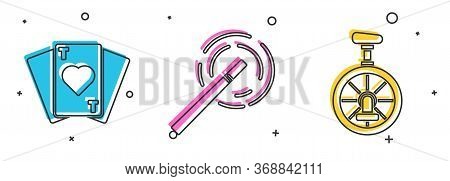 Set Playing Cards, Magic Wand And Unicycle Or One Wheel Bicycle Icon. Vector.