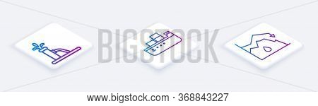 Set Isometric Line Oil Pump Or Pump Jack, Oil Tanker Ship And Drop In Crude Oil Price. White Square 