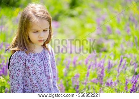 Small, Beautiful, Sad Girl Alone In A Field Of Purple Flowers. Child Is Unwell Because Of The Heat. 