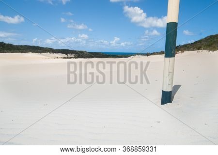 Lake Wabby Sand Blow Wide White Drift With Black And White Marker Pole And No People For Background 