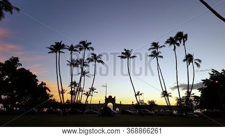 Waikiki -  April 15, 2016:  The Waikiki Natatorium War Memorial At Dusk Which Is A War Memorial In H