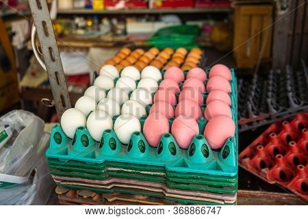 Color Egg Background, Century Eggs In Market Thailand , Twocolor Egg Background., Brown And Pink Egg
