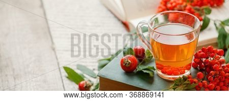 Autumn, Fall Leaves, Cup Of Tea, Opened Book On Wooden Table. Seasonal, Book Reading, Sunday Relaxin